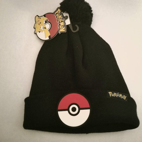 Adult Black Pokeball Pom Beanie Toque with Pokeball Rubber Emblem - Picture 1 of 5